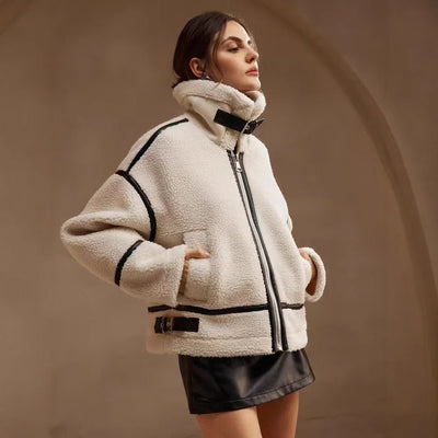 Chaqueta Motociclista de Cuero y Piel de Borrego Acolchada para Mujer