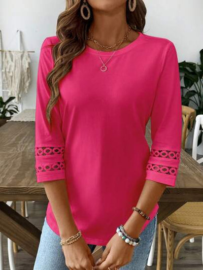 Blusa Casual para Mujer con Cuello Redondo, Encaje Patchwork y Mangas 3/4 - Image 9