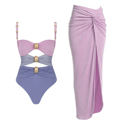 Periwinkle blue three-piece swimsuit set with bandeau bikini top, high-waisted twisted bikini bottom, and maxi sarong skirt. - Image 2