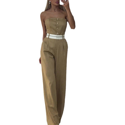Jumpsuit de Tubo Rayado con Cintura Alta y Hombros Descubiertos - Pantalón Ancho para Mujer - Image 5
