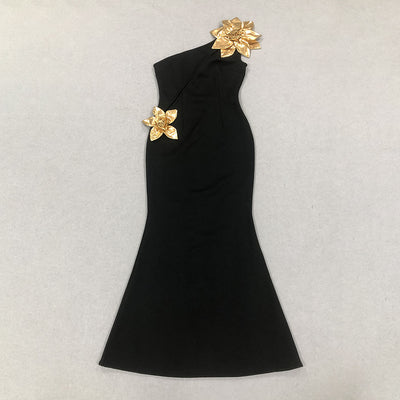 Vestido Largo Ajustado Flor Dorada con Efecto Bandage - Image 14
