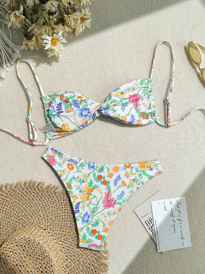 White ribbed two-piece bikini with colorful floral print, featuring a bandeau top and high-cut bottom. - Image 13