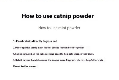 Pure Cat Mint Powder pouch with two kittens, a green leaf graphic, and a window showing dried catnip leaves. Label reads 'Catnip Leaves' and '5g'. - Image 18