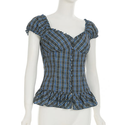 Camisa Cuadriculada Retro Francesa con Cuello Cuadrado Antiedad para Mujer - Image 17