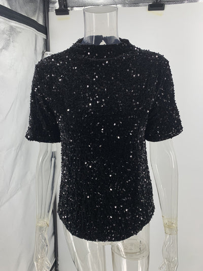 Playera Corta de Lentejuelas y Terciopelo con Cuello Redondo - Image 4