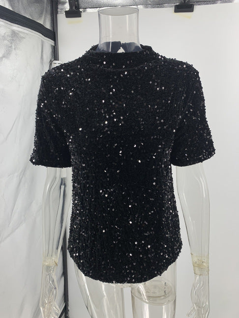 Playera Corta de Lentejuelas y Terciopelo con Cuello Redondo - Image 4