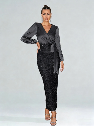 Vestido de Noche Negro Elegante con Escote Cruzado y Lentejuelas - Manga Larga para Bodas y Eventos Formales