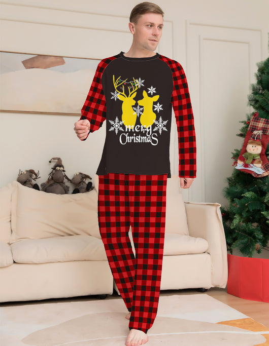 Two children in matching black and red buffalo plaid Christmas pajamas with golden deer and "Merry Christmas" print. - Image 9