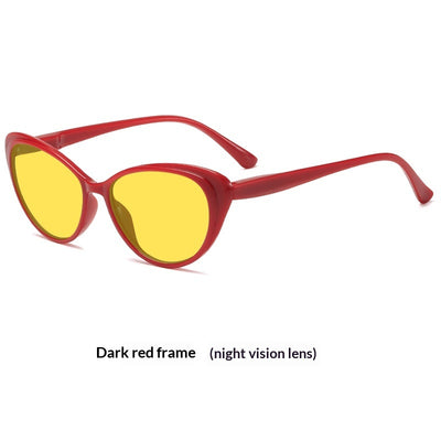Retro cat-eye sunglasses with bright black frames and yellow night vision lenses on a white background. - Image 6