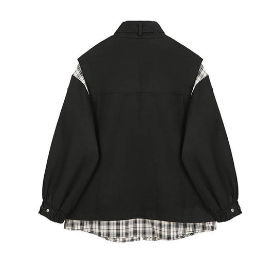 Chaqueta Denim Cuadriculada con Costuras de Contraste y Efecto Dos Piezas para Mujer - Image 2