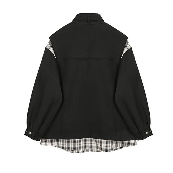 Chaqueta Denim Cuadriculada con Costuras de Contraste y Efecto Dos Piezas para Mujer