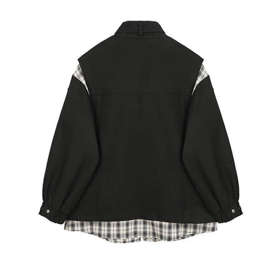 Chaqueta Denim Cuadriculada con Costuras de Contraste y Efecto Dos Piezas para Mujer - Image 2