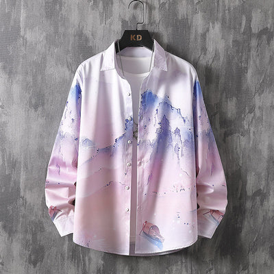 Camisa de Manga Larga con Estampado Artístico Tinta China - Diseño Trendy para Hombre - Image 5