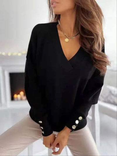 Suéter Cuello V Manga Larga con Botones en Puños - Image 13