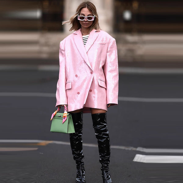Blazer Suelto Doble Botonadura Rosa Raíz de Loto con Lentejuelas