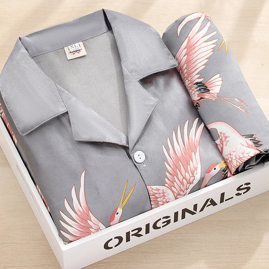 Pijama para Parejas en Seda de Hielo - Conjunto de Manga Larga Primavera Otoño - Image 2