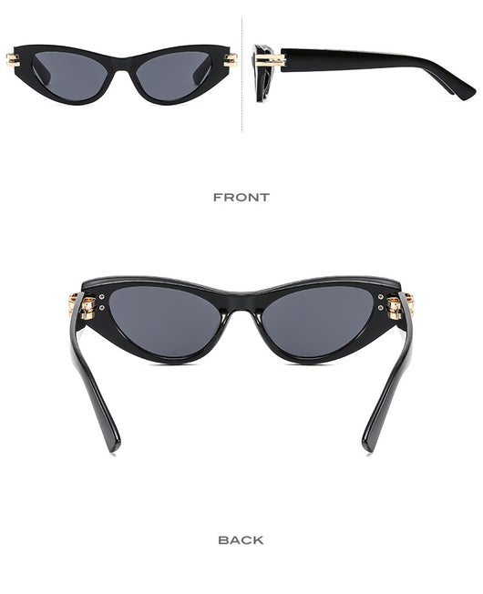 Black cat-eye sunglasses with dark gray lenses and gold-tone hinge accents on a white background. - Image 18