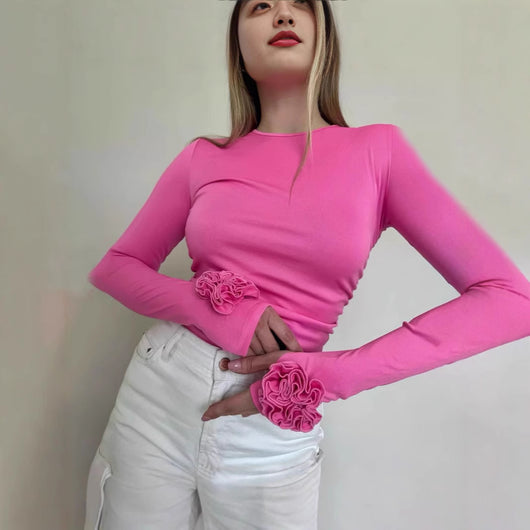 Blusa Floral 3D Cuello Redondo Manga Larga Ajustada - Image 5