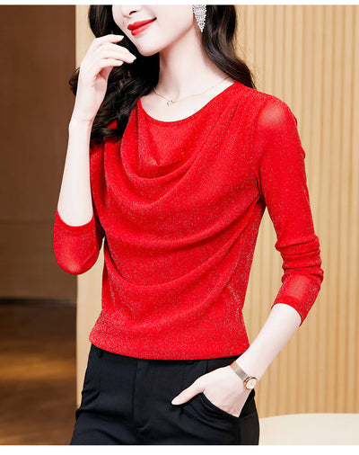 Blusa Elegante de Seda Brillante con Cuello Redondo y Manga Larga - Image 12