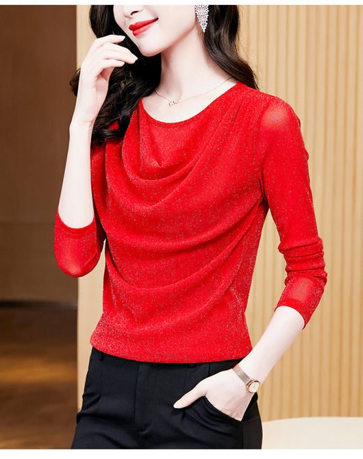 Blusa Elegante de Seda Brillante con Cuello Redondo y Manga Larga - Image 12