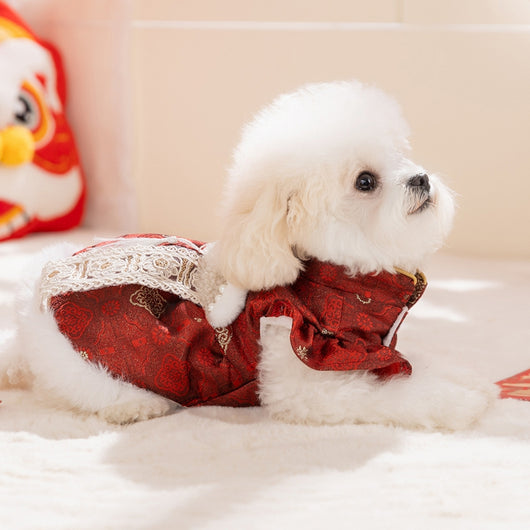 Elegante Qipao Festivo para Mascotas - Vestido Rojo Año Nuevo Chino con Encaje y Pelaje Sintético - Image 23