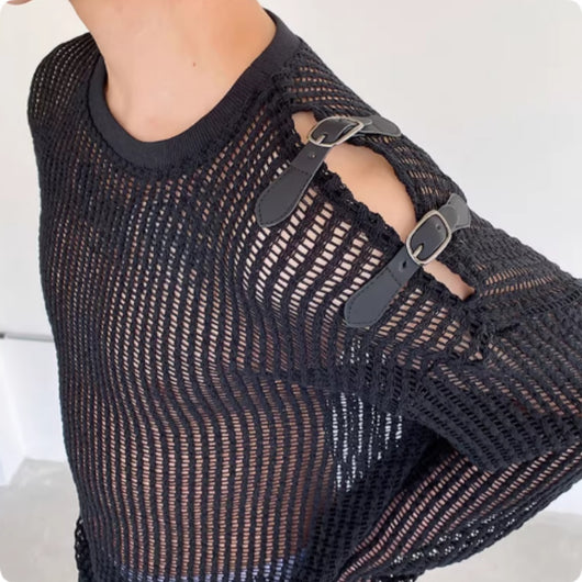 Playera Manga Larga Hombre Diseño Hombro Descubierto con Detalles de Cuero - Image 11
