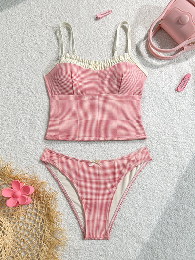 Gingham two-piece swimsuit with a camisole top featuring ruffled trim and a bow, paired with high-cut bikini bottoms. - Image 9