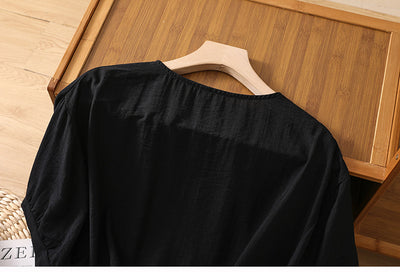 Blusa Suelta de Algodón y Lino con Escote V y Manga Corta para Mujer - Image 18