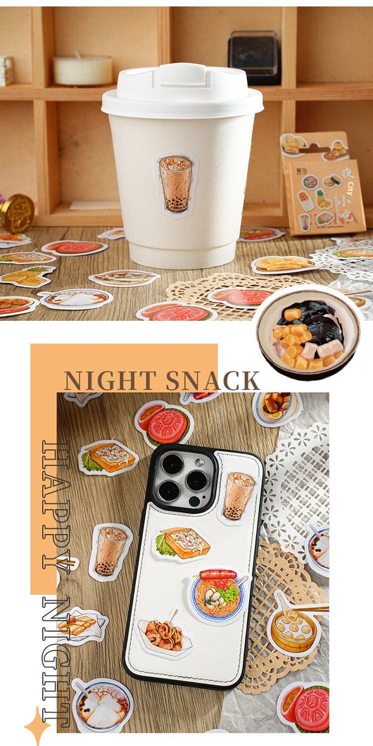 Box-packed set of 46 retro-style night market snack stickers, featuring illustrations of various foods and drinks. - Image 10