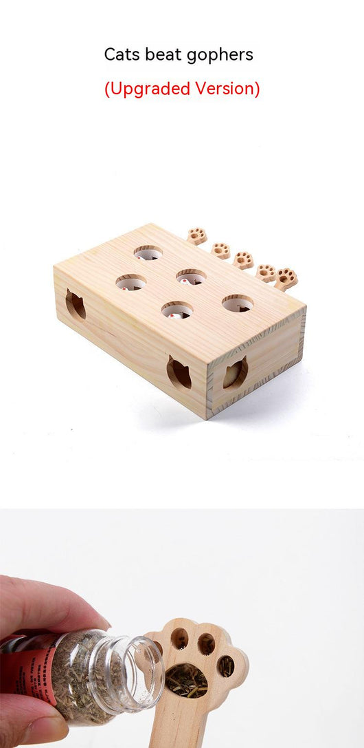 Solid wood whac-a-mole cat toy with 8 holes, featuring small white mouse figures and paw-shaped levers. - Image 8