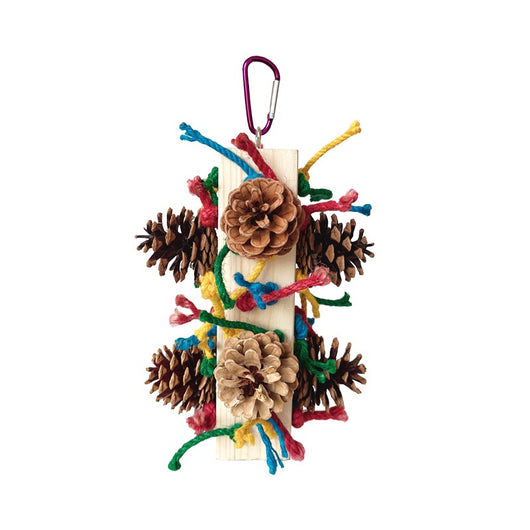 Packaged parrot toy with a wooden block, colorful hemp ropes, and natural pine cones for chewing and play. - Image 5