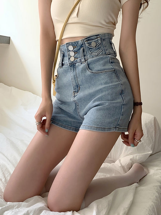 Shorts Jeans Cintura Alta Elásticos Skinny - Image 9