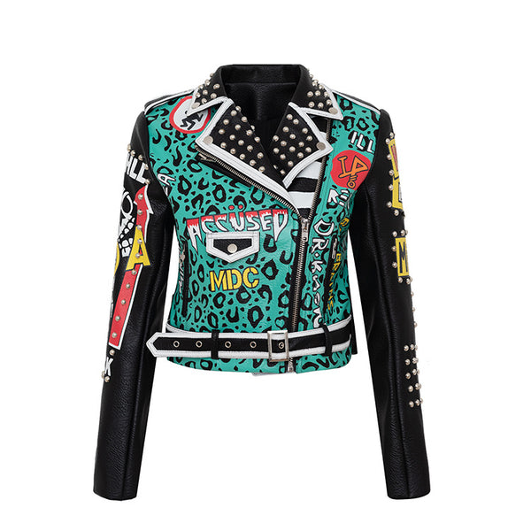 Chaqueta de Cuero Biker con Estampado Graffiti Punk y Insignias Contrastantes