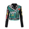 Chaqueta de Cuero Biker con Estampado Graffiti Punk y Insignias Contrastantes