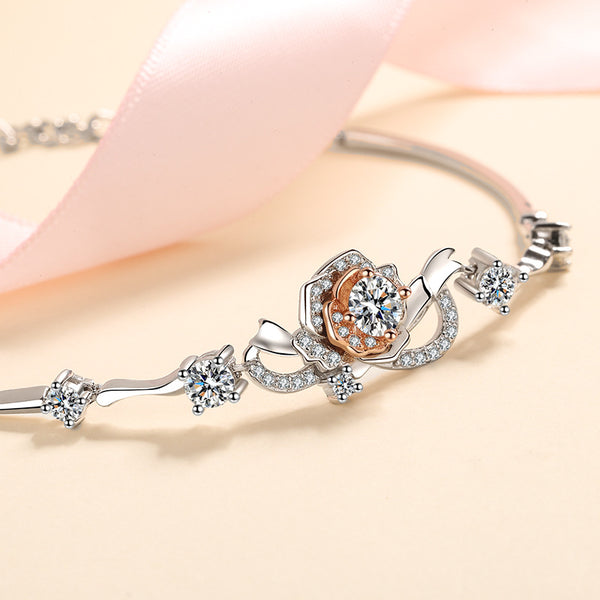 Pulsera de Rosa en Plata S925 con Moissanita Incrustada