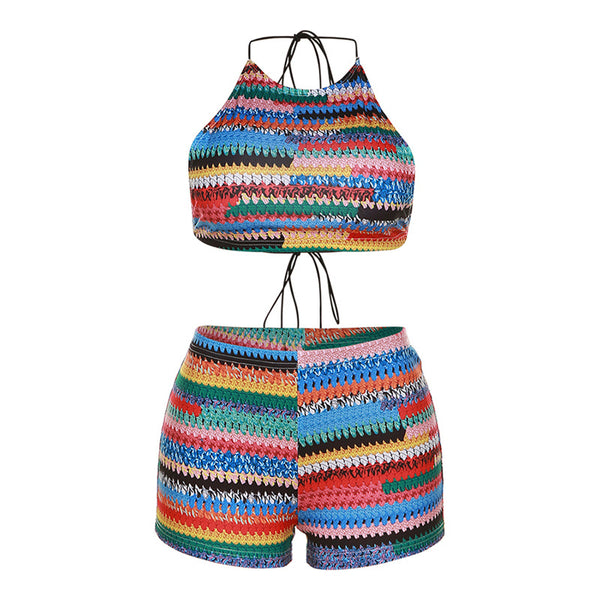 Conjunto Verano Mujer Estilo Sexy con Estampado, Halter Escotado y Shorts Ajustados