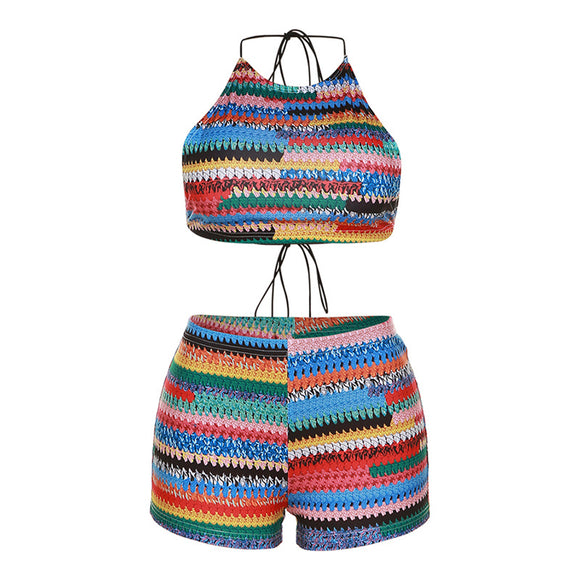 Conjunto Verano Mujer Estilo Sexy con Estampado, Halter Escotado y Shorts Ajustados