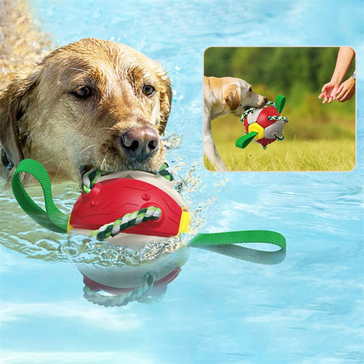 Red and green interactive dog football soccer ball with rope and fabric tabs for training and outdoor play. - Image 5