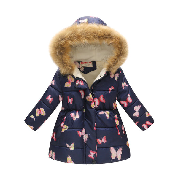 Chaqueta de Algodón Acolchada con Cuello de Pelaje y Capucha - Diseño Cartoon Infantil