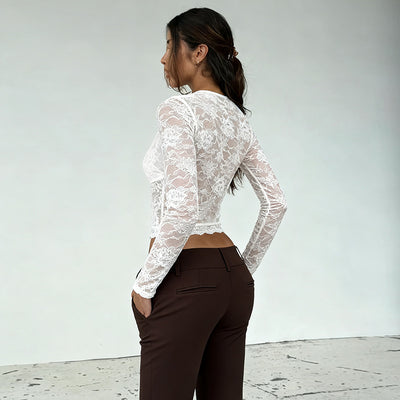 Blusa Elegante de Encaje con Escote en V y Mangas Largas - Image 4