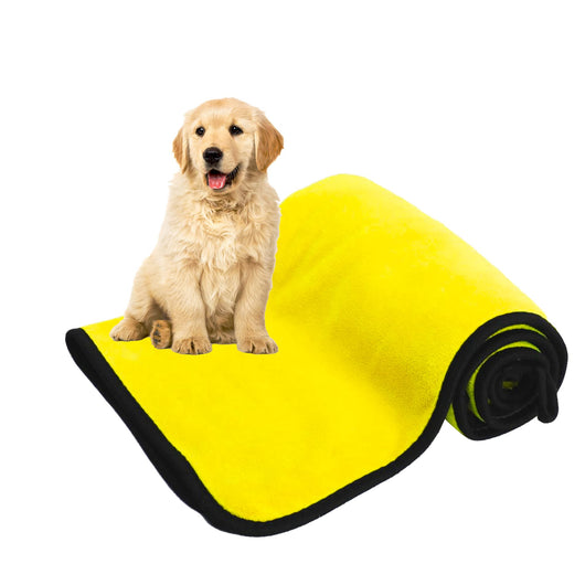 Yellow microfiber pet drying towel with black trim draped over a bathtub, with a golden retriever, poodle, and cat. - Image 7