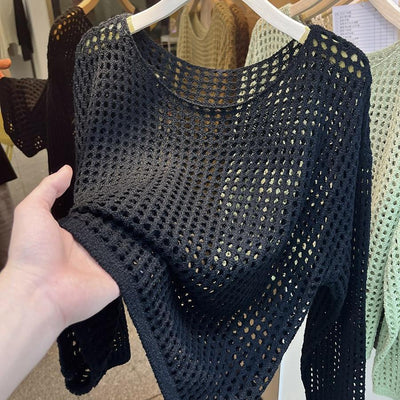 Blusa de Malla Calada Cuello Redondo Manga Larga - Image 9