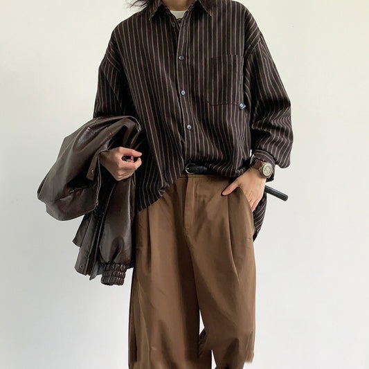 Camisa Retro Japonesa a Rayas para Primavera y Otoño