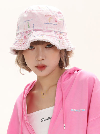 Gorra Bucket Denim Estampado Total con Bordes Crudos Versátil - Image 2