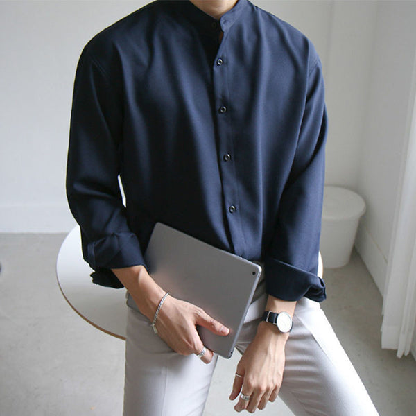 Camisa Casual de Cuello Alzado Manga Larga para Hombre