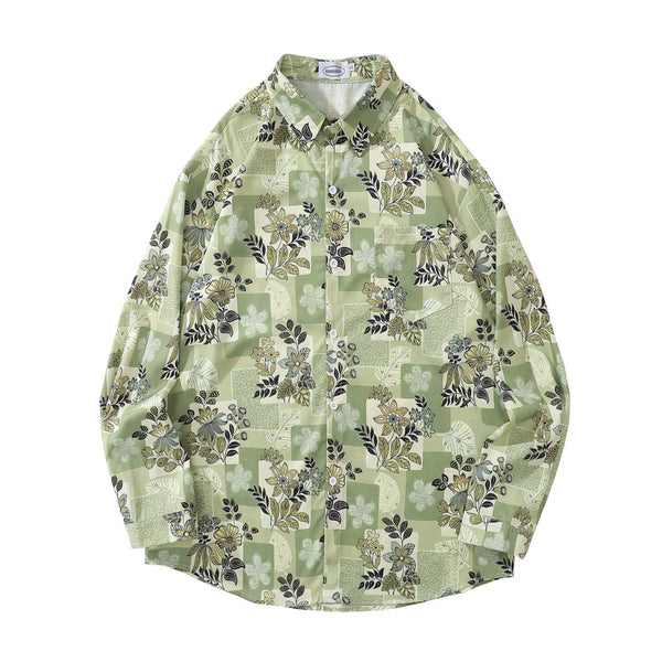 Camisa Manga Larga Estilo Retro Japonés con Estampado Floral para Hombre