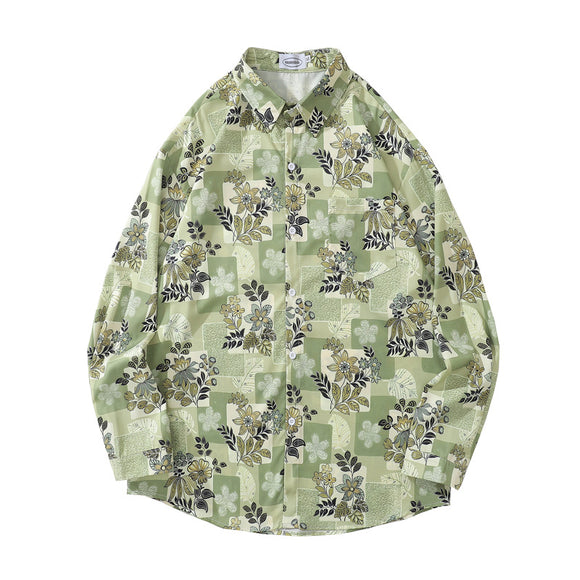 Camisa Manga Larga Estilo Retro Japonés con Estampado Floral para Hombre