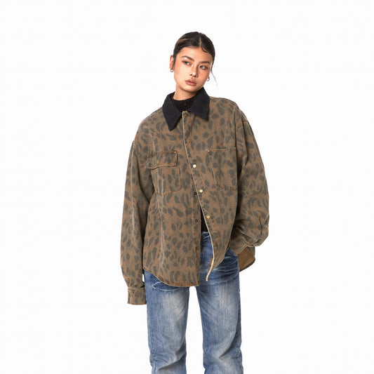 Chamarra Leopardo Vintage Desgastada para Mujer - Corte Holgado