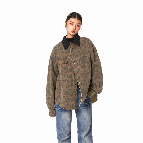 Chamarra Leopardo Vintage Desgastada para Mujer - Corte Holgado