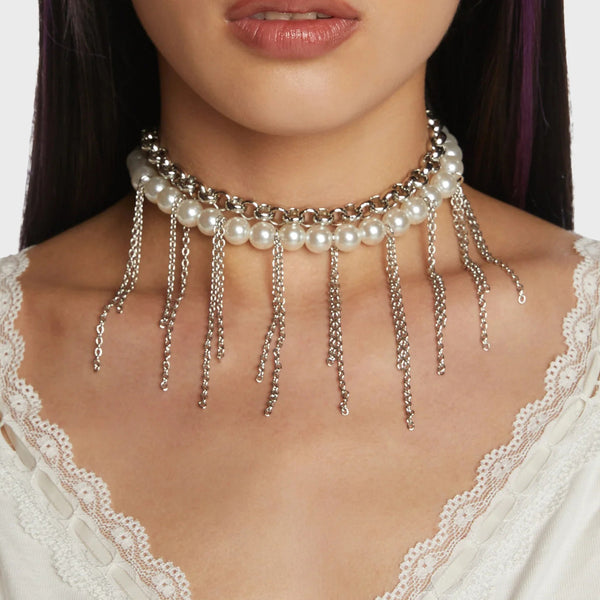Collar Retro Doble Capa con Borla de Perla - Accesorio Elegante para Mujer